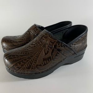 Dansko Professional Brown Tooled Leather Clogs